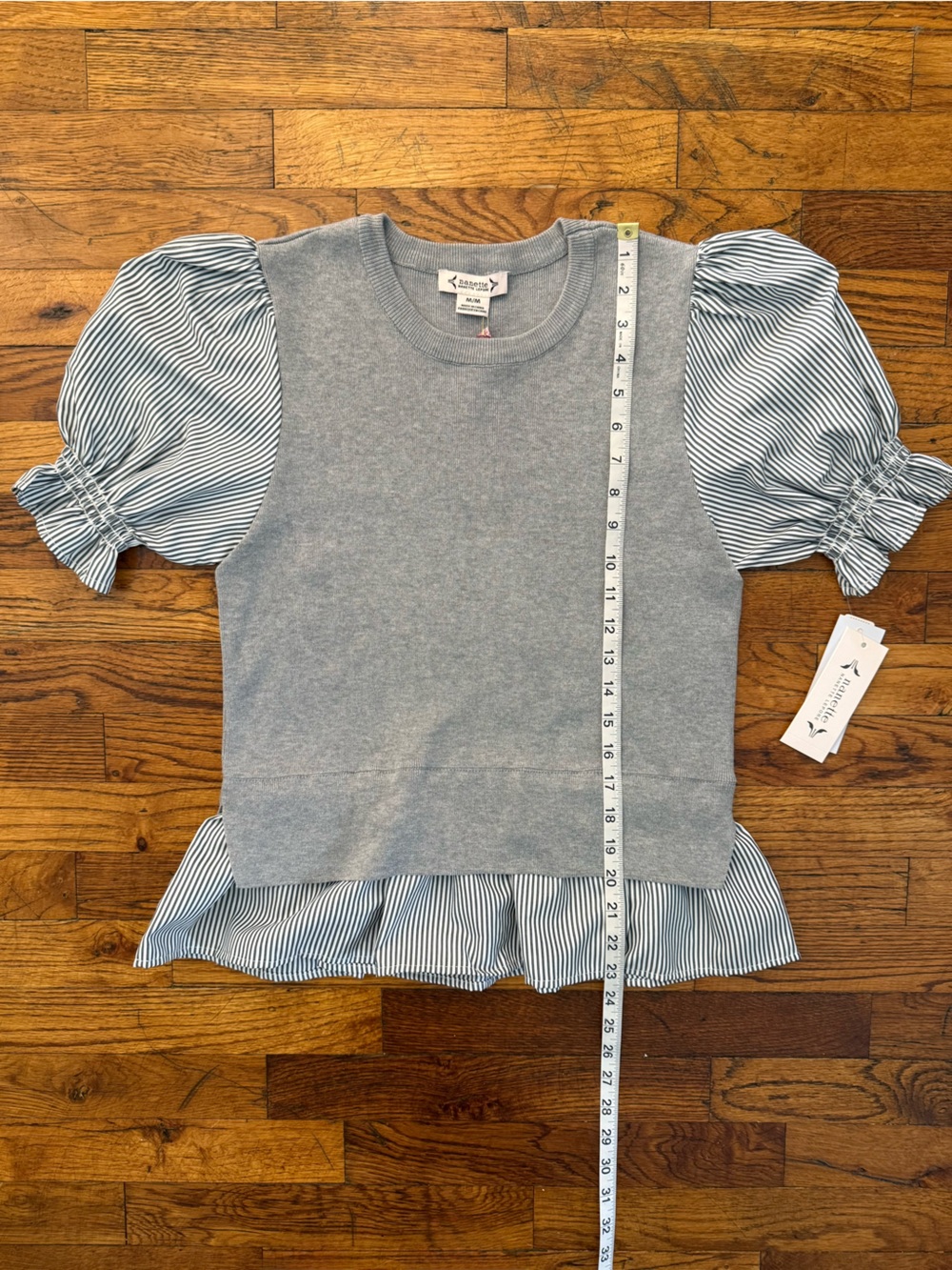 Nanette Lepore Mixed Media Twofer Sweater Puff Sleeve Peplum Top Gray Striped M - Picture 8 of 15